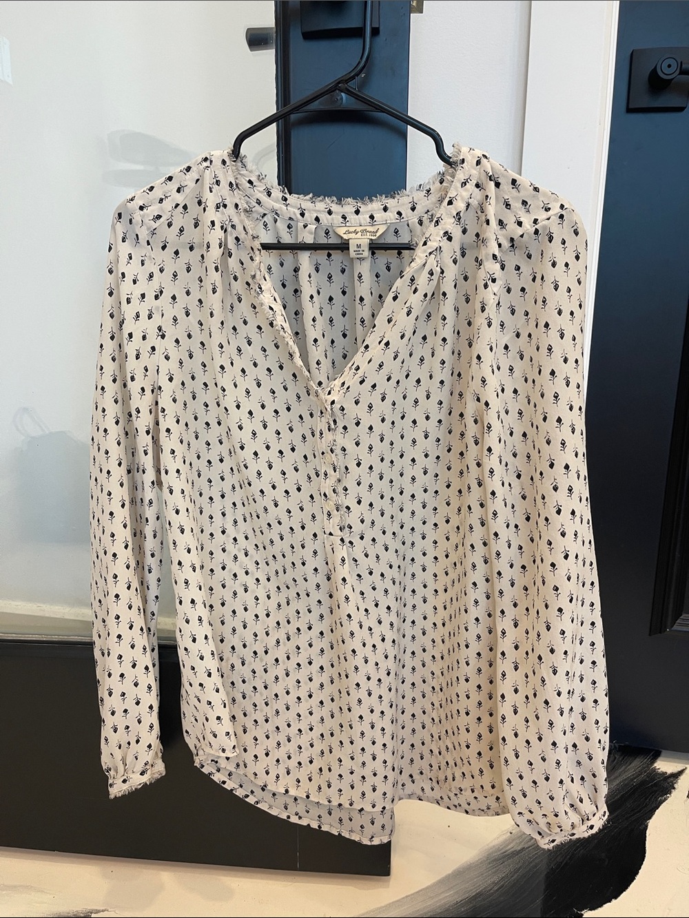 Lucky Brand Cream Long-Sleeve Printed Peasant Blouse